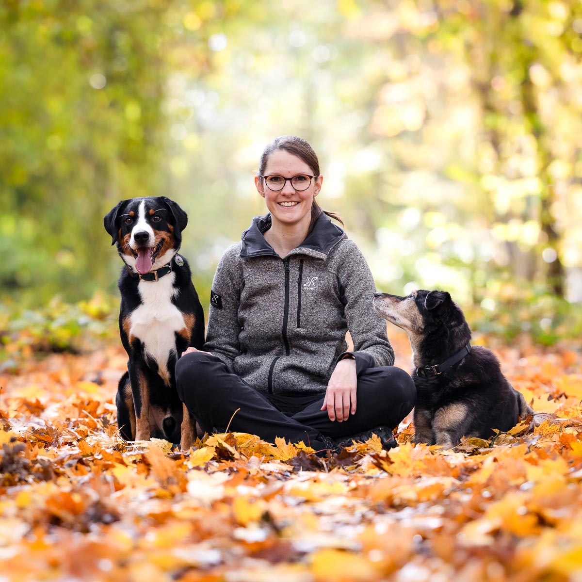 Hundetrainerin mit zwei Hunden